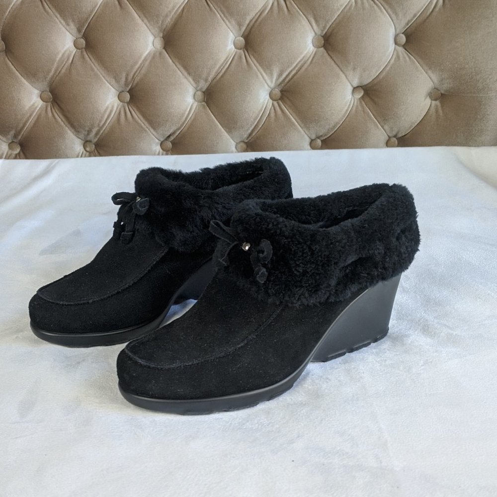 JOHNSTON & MURPHY Suede Shearling Mules Wedges 7M